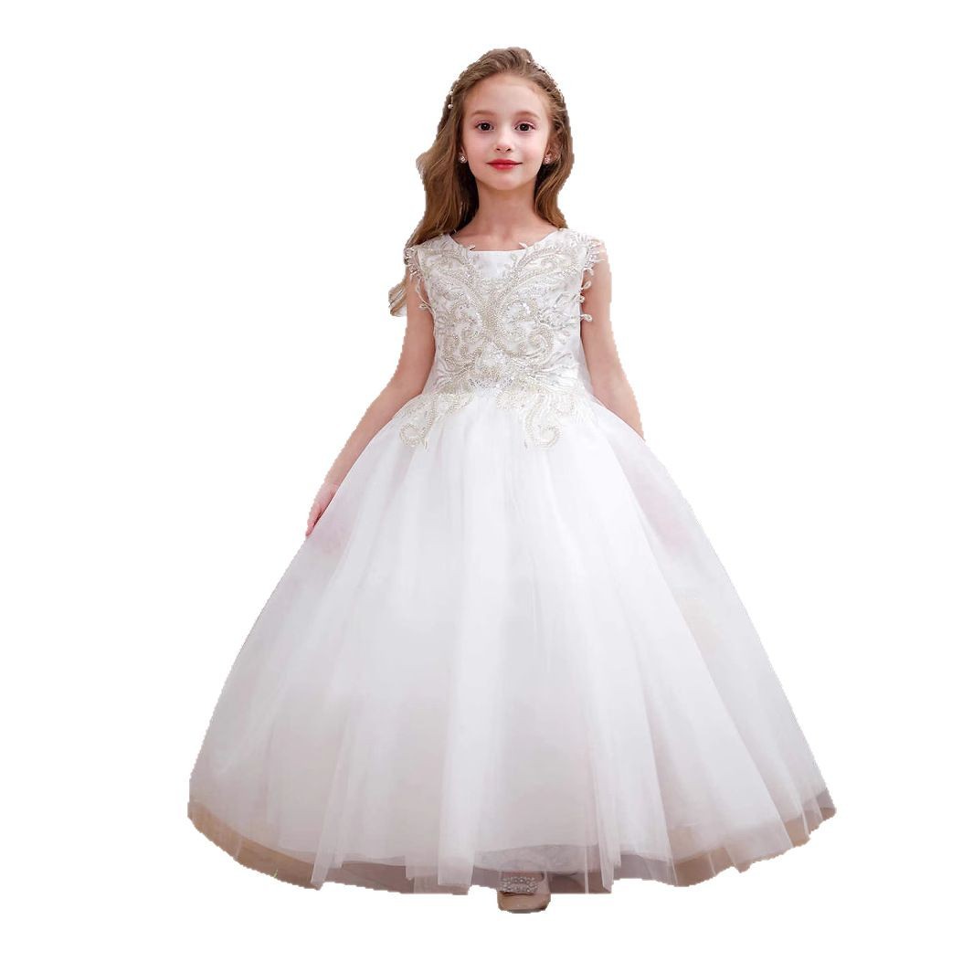 Vestido de tule champanhe sem mangas para meninas, com cinto de renda e strass, ideal para casamentos infantis (3 a 8 anos) 【Pré-venda | Envio em 15 dias】_voghion.com