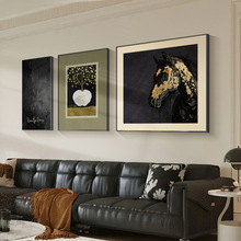 马到成功金箔客厅装饰画现代轻奢高级感沙发背景墙挂画大气三联画