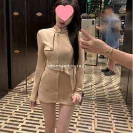 感气质长袖立领外套女秋季新款修身腰带收腰开衫拉链上衣