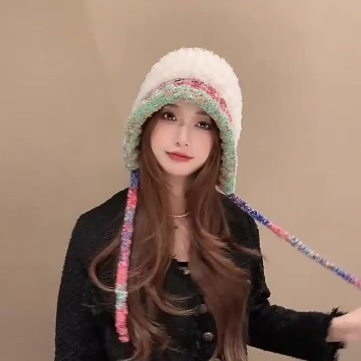 韩版时尚毛绒帽女秋冬显脸小大头围护耳毛线帽户外保暖甜美针织帽|undefined