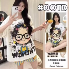 新しい夏のインターネットセレブ人気の胸パッド付きパジャマ、女性用半袖ズボン、夏のホームウェア、アウターウェア用のクラウドコットンスーツ