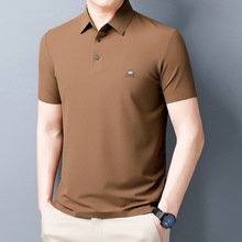 2025夏季青中年男士短袖t恤衫翻领休闲纯色爸爸装桑蚕丝体恤衫男