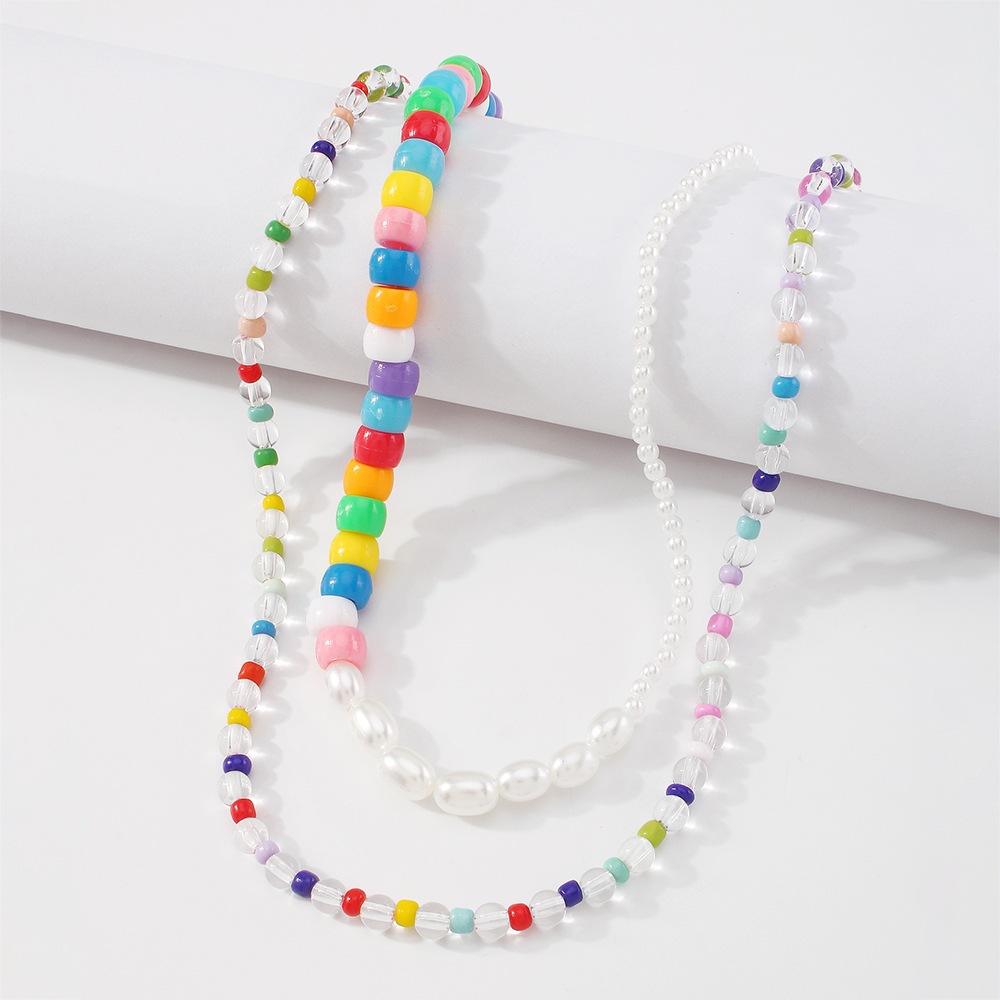 Bohemian Color Bead Necklace Imitation Pearl Resin Necklace Retro Hip Hop Double Necklace display picture 7