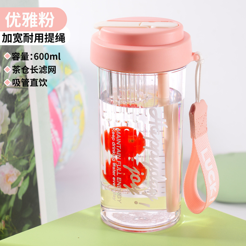 女の子用の透明なポータブルプラスチックカップ、アウトドアスポーツストローカップ、シンプルな高温耐性のティーセパレーター付きフラワーティーカップ|undefined