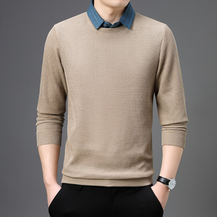 2023 Winter new men's youth lapel long sleeve fleece-lined casual simple comfortable fake two-piece sweater
