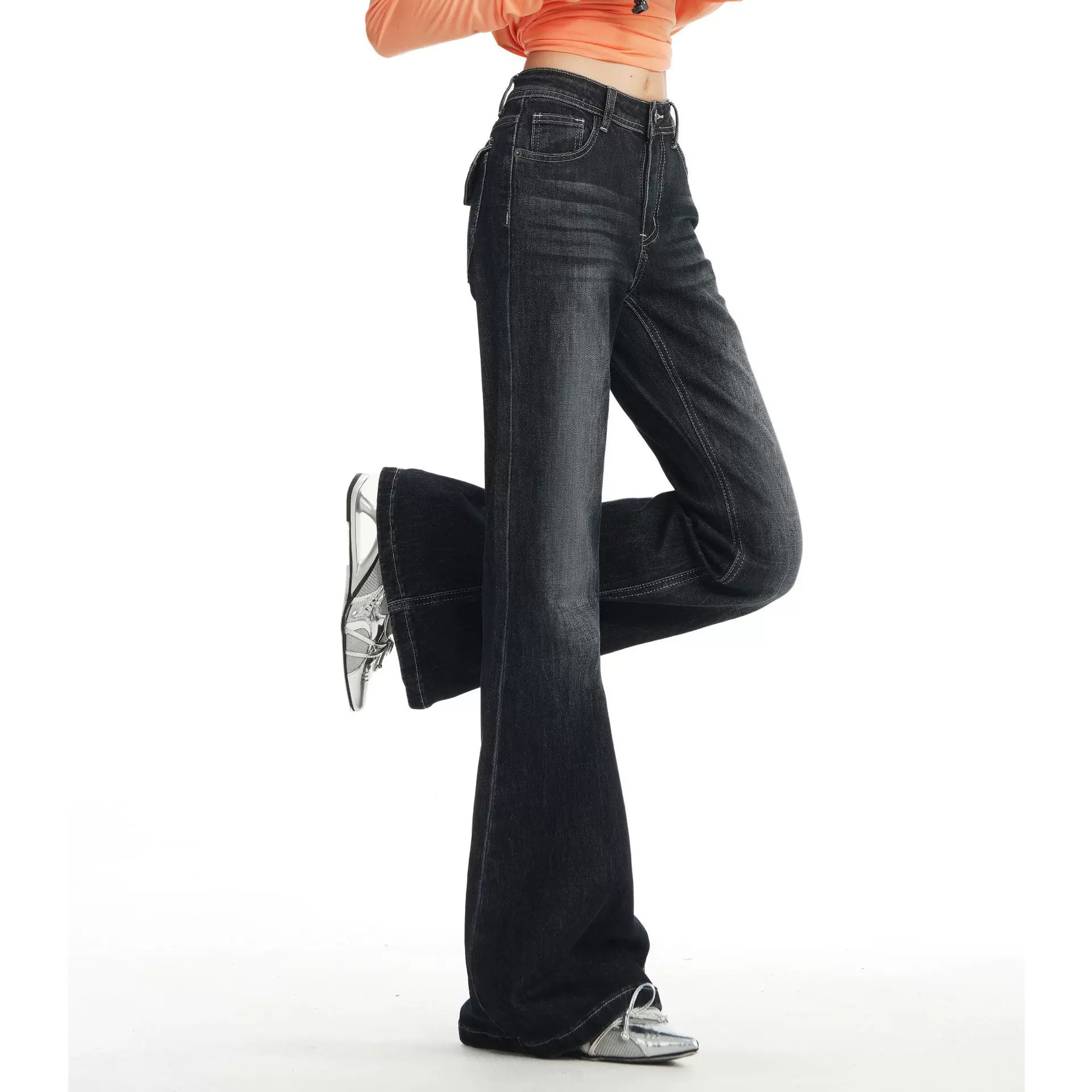 26春夏新款复古美式做旧深蓝色显瘦窄版微喇叭拖地牛仔裤女22839