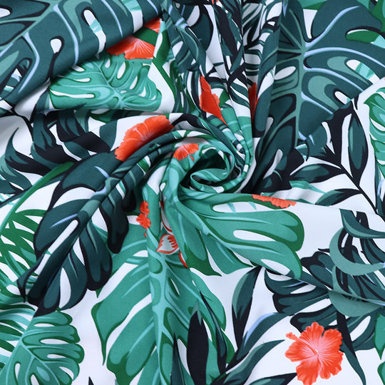 European and American fashion large flower printed cloth Hawaiian style leaf pattern polyester printed cloth 100D four-sided elastic