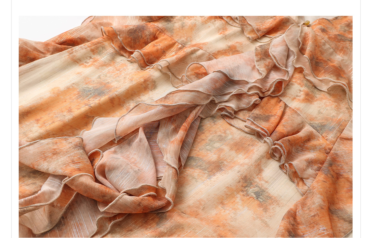 Đầm maxi nữ thắt eo họa tiết ombre cổ sen cách tân — Màu cam, Màu trắng be chi tiết 7