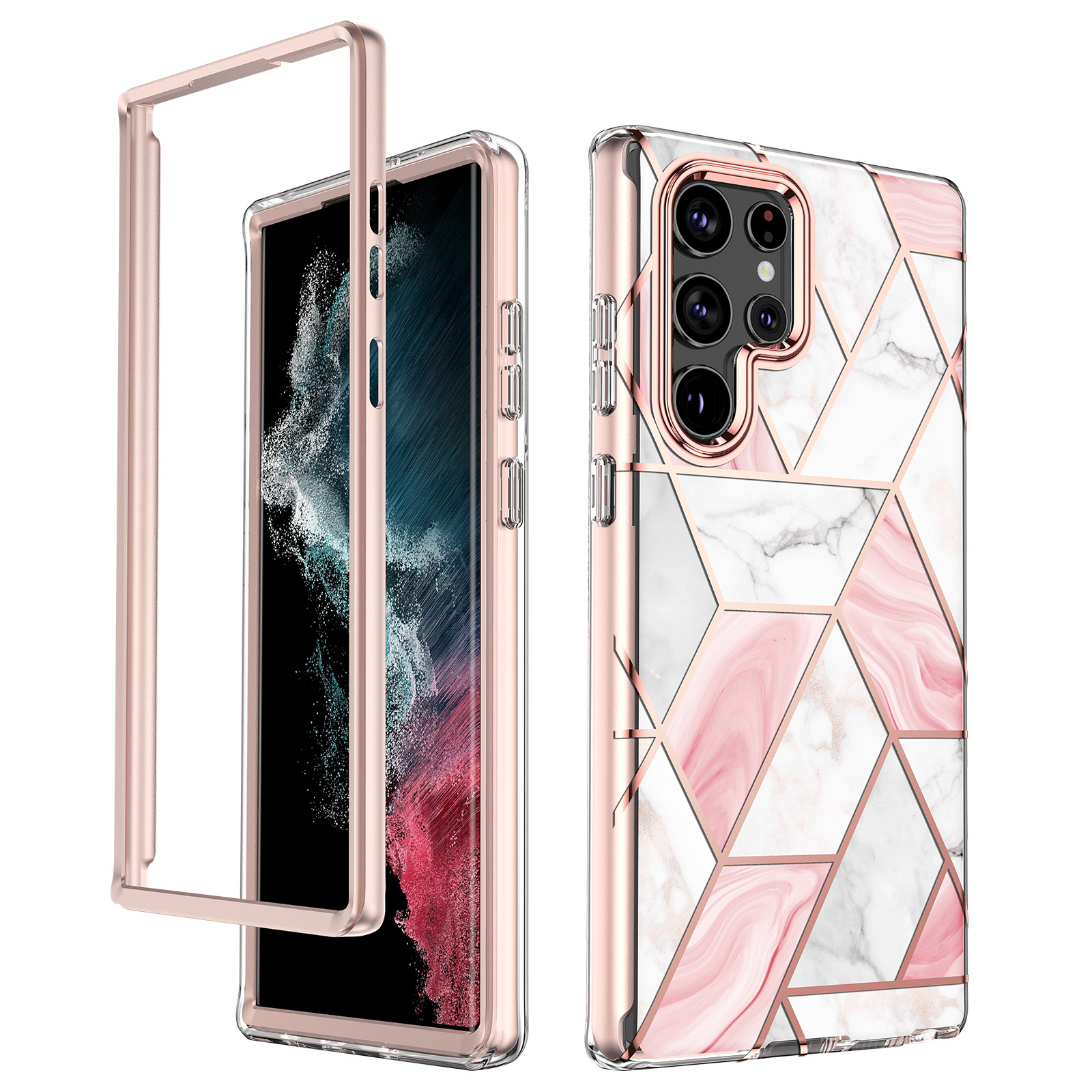 Compatible Samsung S24 Series TPU And PC Two-in-One Shockproof Phone Case S23 Ultra Electroplated Pink Marble_voghion.com