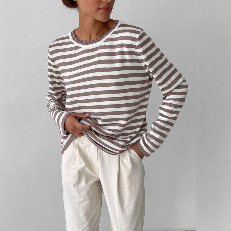 Cross-Border Round Neck Knitted Striped Sweater European and American 2025 Spring Versatile Classic Retro Striped Pullover Sweater for Women