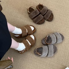 2025新款复古百搭小个子厚底舒适休闲羊毛毛鞋一字带凉鞋女冬外穿