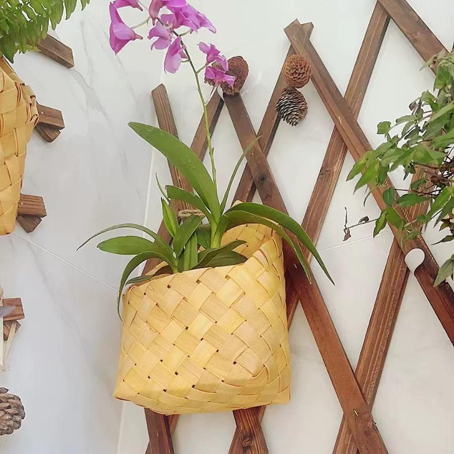 壁挂编织吊篮手提花篮花家居收纳装饰花盆室内装修挂件木片挂篮