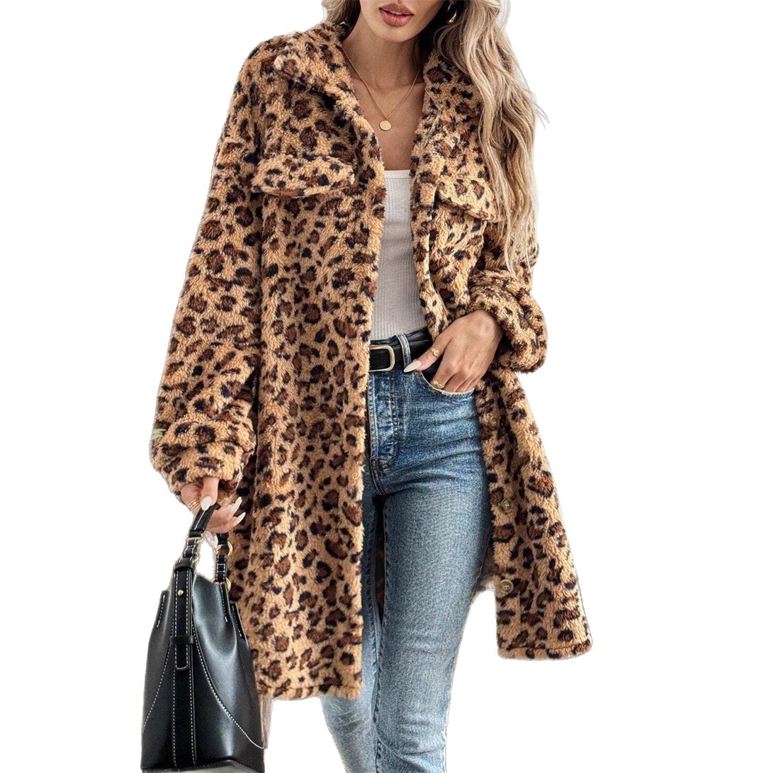 Women’s Oversized Leopard Print Trench Coat – Long Sleeve Button-Up Polyester Windbreaker, Streetwear Fashion For Fall & Winter_voghion.com