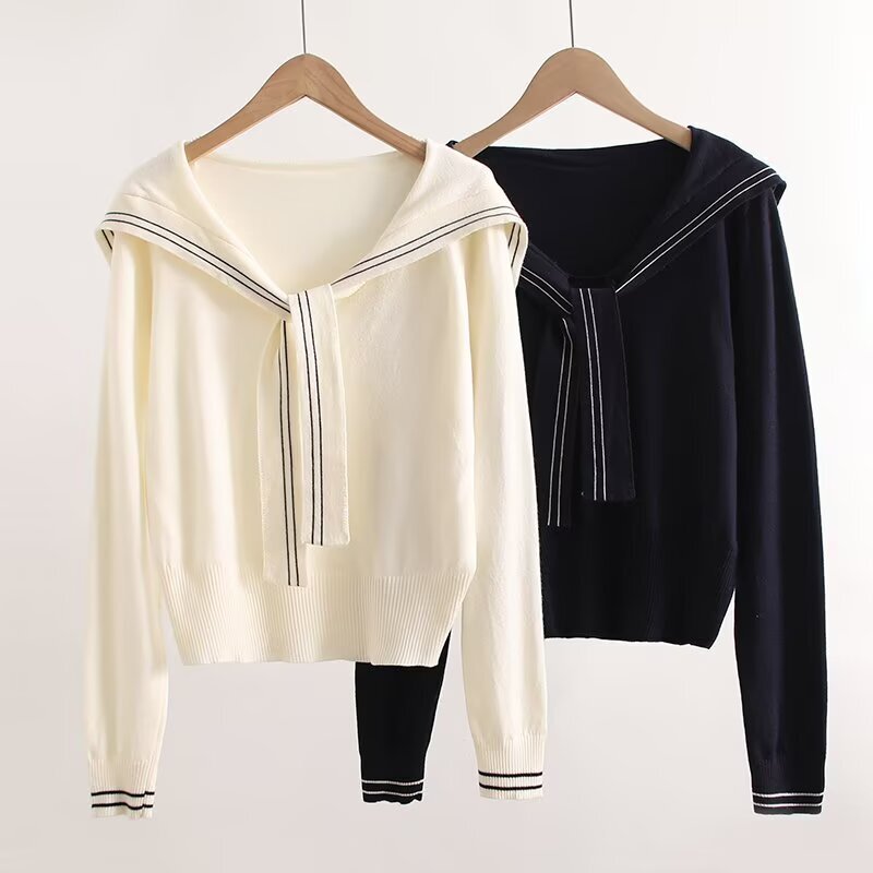 Japanese Mori Girl Navy Collar Lace-Up Loose Women's Pullover Sweater Tops Wholesale