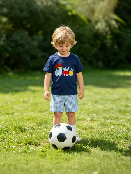 Boys' Summer Short-Sleeved Suit, Cartoon Train Embroidery T-Shirt + Plaid Shorts Two-Piece Set, Export Children's Clothing