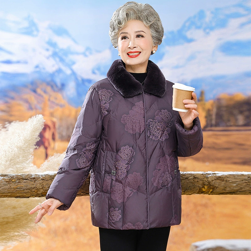 2024 пожилой пуховик короткий настоящий шерстяной воротник мама куртка топ 90 белая утка бархат бабушки хлопчатобумажная одежда зимний новый