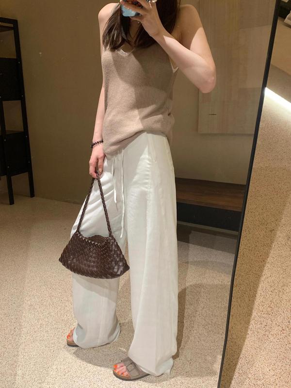白色亚麻窄版阔腿裤女2025夏季新薄款高腰显瘦宽松透气拖地长裤子|undefined