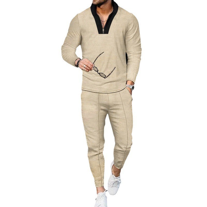 Traje de cuello alto con costuras de manga larga de gofres transfronterizos Ropa deportiva con media cremallera de moda casual de alta gama para hombres