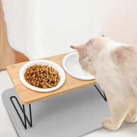 跨境木质猫碗架铁木结合双碗防打翻食盆架多用途宠物餐具