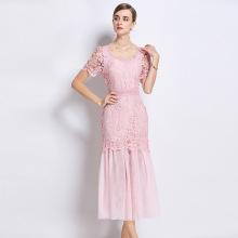 法式名媛风蕾丝方领礼服连衣裙女夏季高级感垂坠网纱拼接优雅长裙