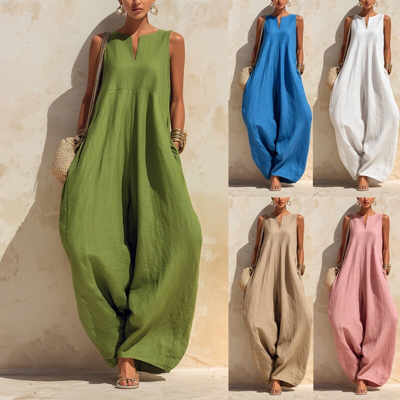 2026 European and American New Style Cross-Border Solid Color Simple and Elegant Comfortable Sleeveless Loose V-Neck Wide-Leg Jumpsuit 2026 European and American New Style Cross-Border Solid Color Simple and Elegant Comfortable Sleeveless Loose V-Neck Wide-Leg Jumpsuit