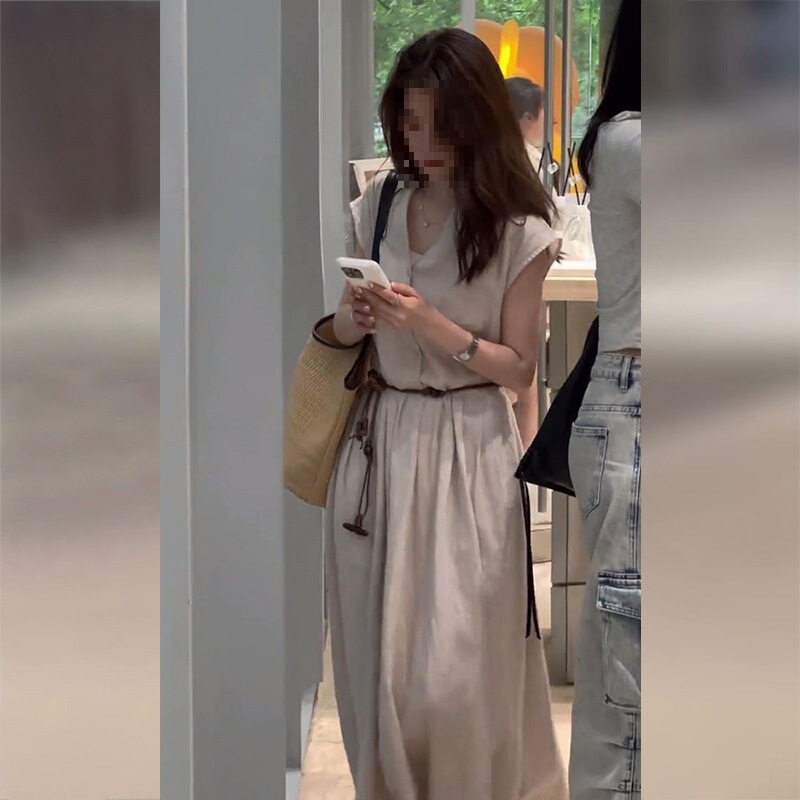 女性のためのクロスボーダーフレンチコットンとリネンドレス2025新しい夏のスタイル、軽い贅沢、寛大でまともな、スリムなリネン|undefined