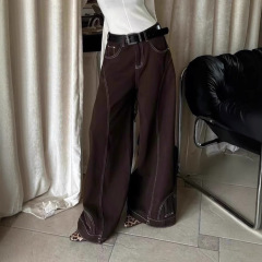 アメリカのレトロな茶色のラインデザイン感baggyジーンズ街頭ヒップホップストレートパンツ高腰ゆるいズボン