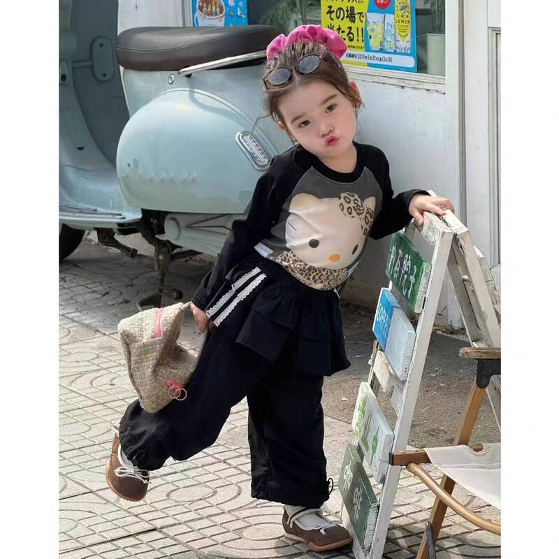 甜小司童装秋新款女童小童韩版时髦修身卡通T恤荷叶边休闲工装裤|undefined