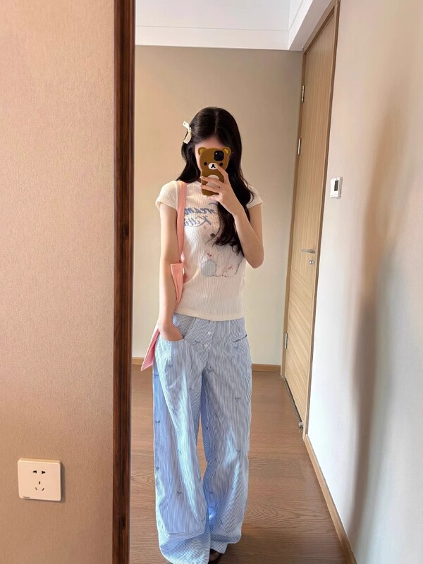 Pure Lust Style ニッチリボン子猫プリント半袖 20225 夏スリムフィットトップ右肩 Tシャツ女性用|undefined