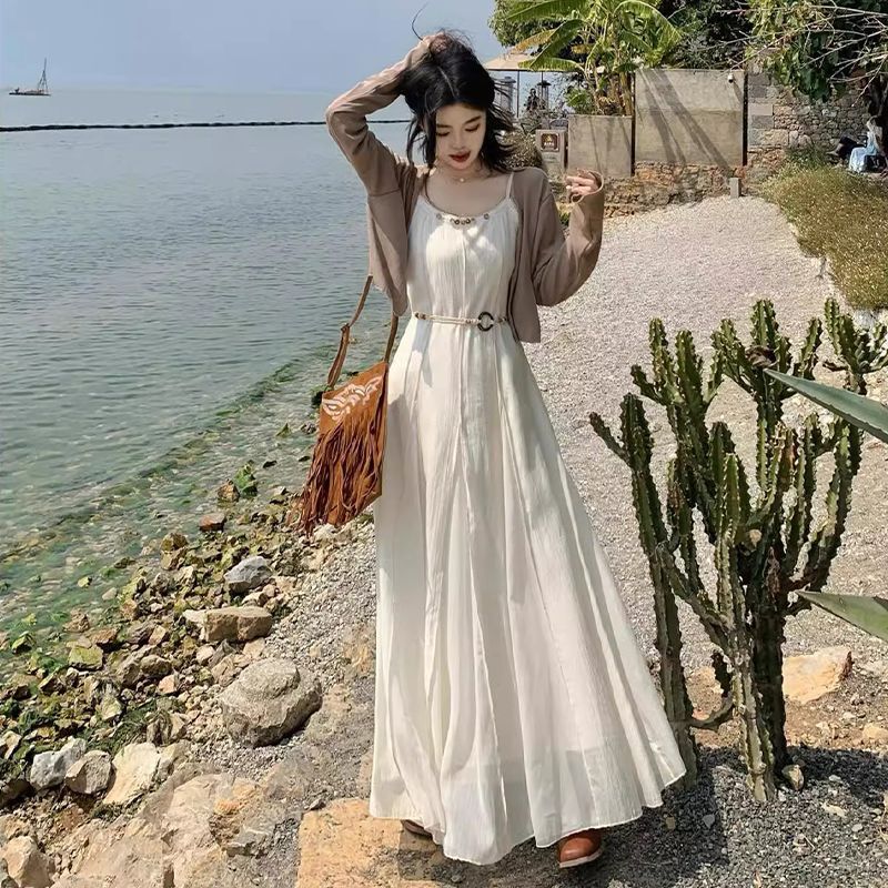 Plus-Size Yunnan Bohemian Dress for Women, Summer Outfit for Curvy Figures, White Strap Dress for Beach Vacation