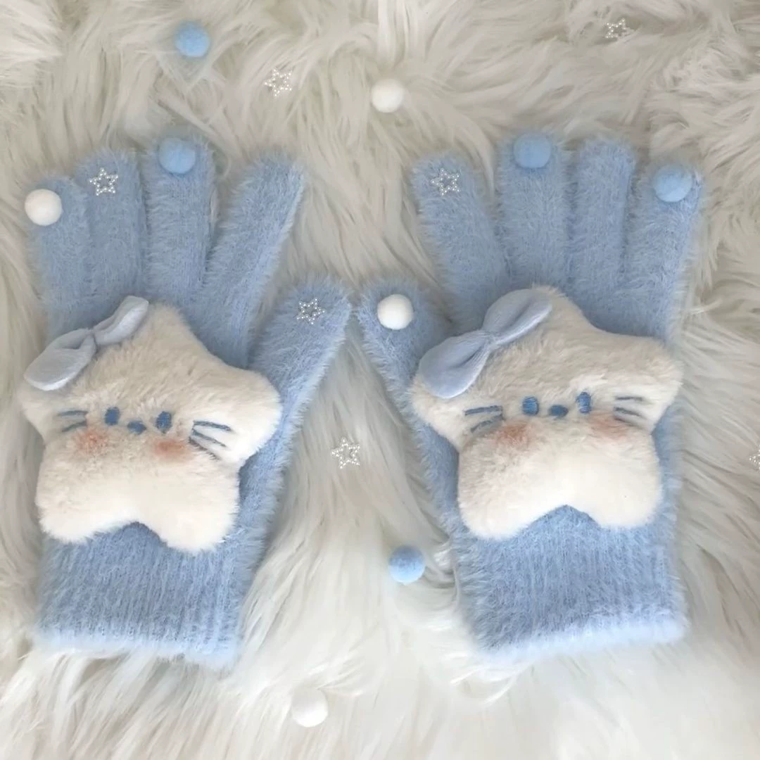 Blue gloves with bow, keep warm cute cartoon set for elementary school students, wide color palette