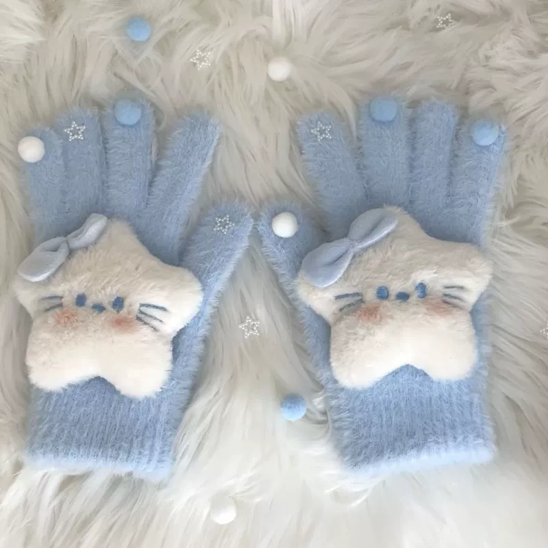 Blue gloves with bow, keep warm cute cartoon set for elementary school students, wide color palette