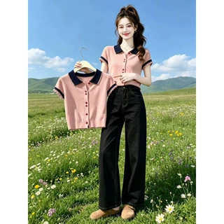 雯9724温柔撞色花边针织短袖T恤女2026夏新款上衣艺术生明媚穿搭