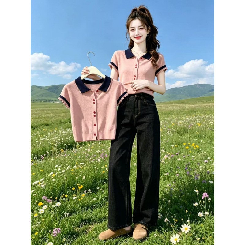 Approximately 1000 Pieces of Gentle Color-Blocking Lace Knit Short-Sleeve T-Shirts for Women, New Summer 2026 Tops, Bright Outfits for Art Students