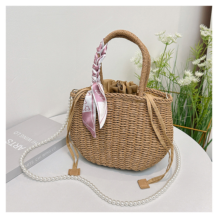 Women's Medium Straw Solid Color Flower Vacation Beach Beading Weave Square String Straw Bag display picture 13