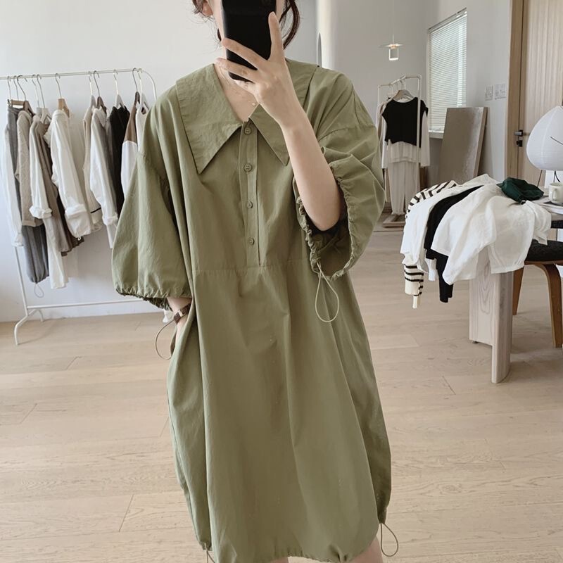 2025 Korean Chic Summer Large Size New Niche Simple Pure Color Loose Mid-Length Dress for Women 2025 Korean Chic Summer Large Size New Niche Simple Pure Color Loose Mid-Length Dress for Women