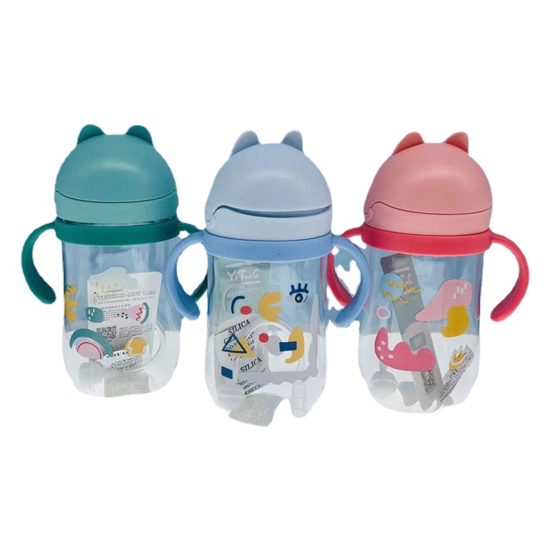 Tongqu gato 350ML paja de los niños taza de plástico taza de beber del bebé estudiante Flip taza de agua taza de beber de aprendizaje