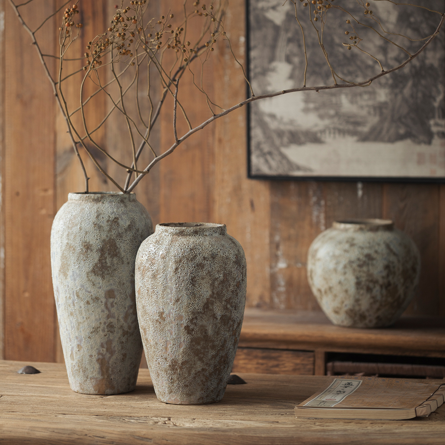 Jingdezhen se sorprendió por el silencio de la porcelana azul y blanca Zen jarrón de cerámica marrón claro moteado barro grueso jarrón de cerámica ambiente retro flores de arte image 3