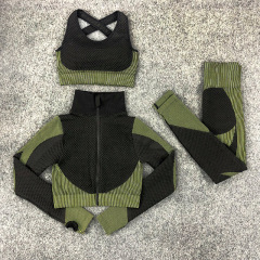 シームレスヨガ服セット三点セットスポーツ長袖コートフィットネス下着ヨガブラジャーランニングレギンス女性