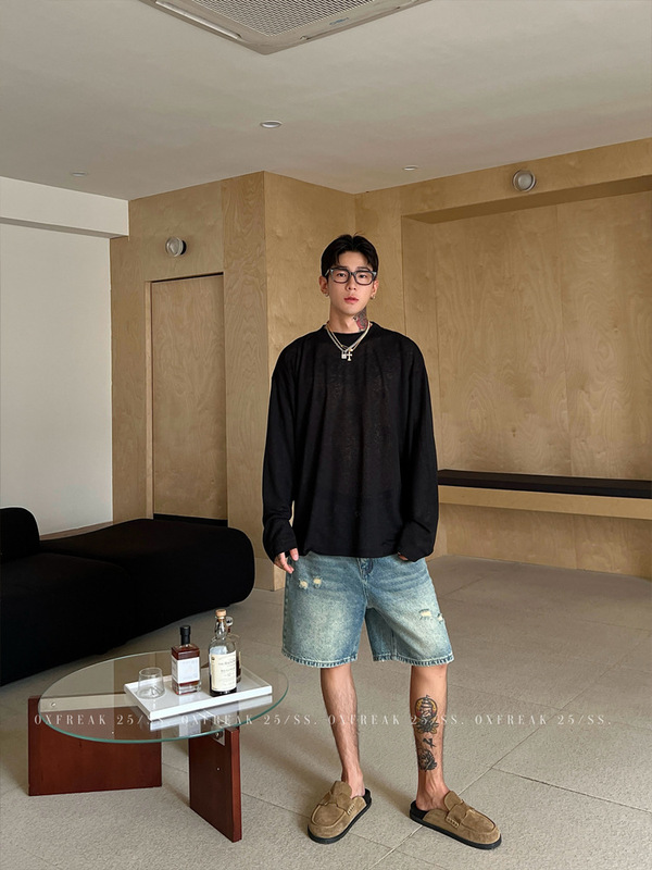 OXFREAK「スノーフレークテクスチャープリーツ」日焼け止め長袖Tシャツメンズ夏薄手レイジールーズボトムストップ|undefined