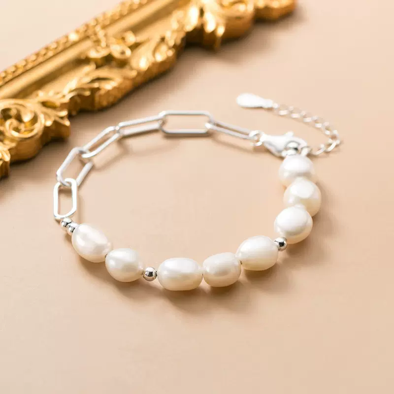 霓娜新款天然淡水珍珠手链女 不对称个性巴洛克珍珠几何环扣手饰