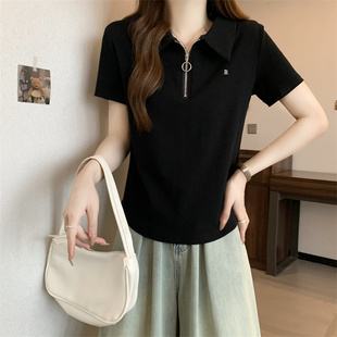 Plus Size Right Shoulder Polo Collar Half-Zip Short-Sleeved Bottoming Shirt for Women in Summer for Fat Girls to Look Slim and Cover Belly Tops