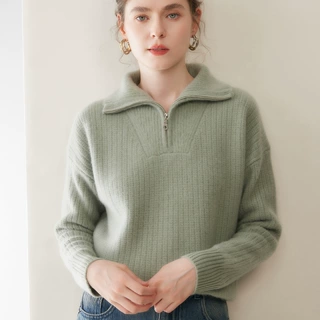2025秋冬新款翻领山羊绒衫女套头毛衣休闲拉链外穿加厚针织衫打底
