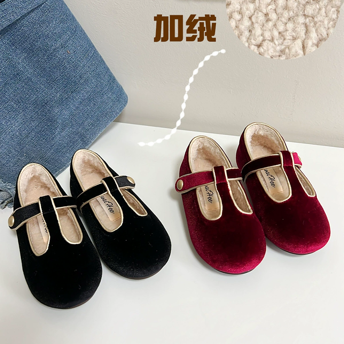 Осенние и зимние новые бархатные корейские бархатные черные танцевальные туфли для девочек кроссовки кроссовки дикие одиночные туфли маленькие кожаные туфли мягкие