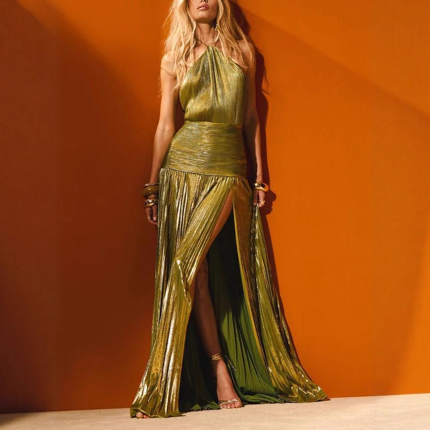 "Women's Metallic Pleated Sleeveless Dress - Backless Tie Neck High Slit Party Dress, Golden/Pinkish/Ancient Gold/Dark Blue/Lake Blue, XS-XXL"_ecoleips.com