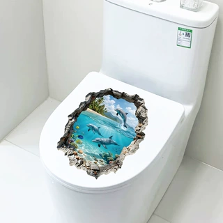 BRUP破墙海豚海洋马桶贴纸逼真破洞效果卫生间防水装饰贴HS2011C