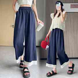 实拍蕾丝花边冰丝九分休闲直筒裤女夏季薄款垂感百搭阔腿裤子