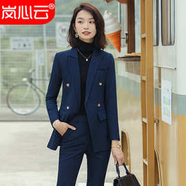 秋季新款小西装女神范黑色条纹气质通勤裤套装长袖不规则套装