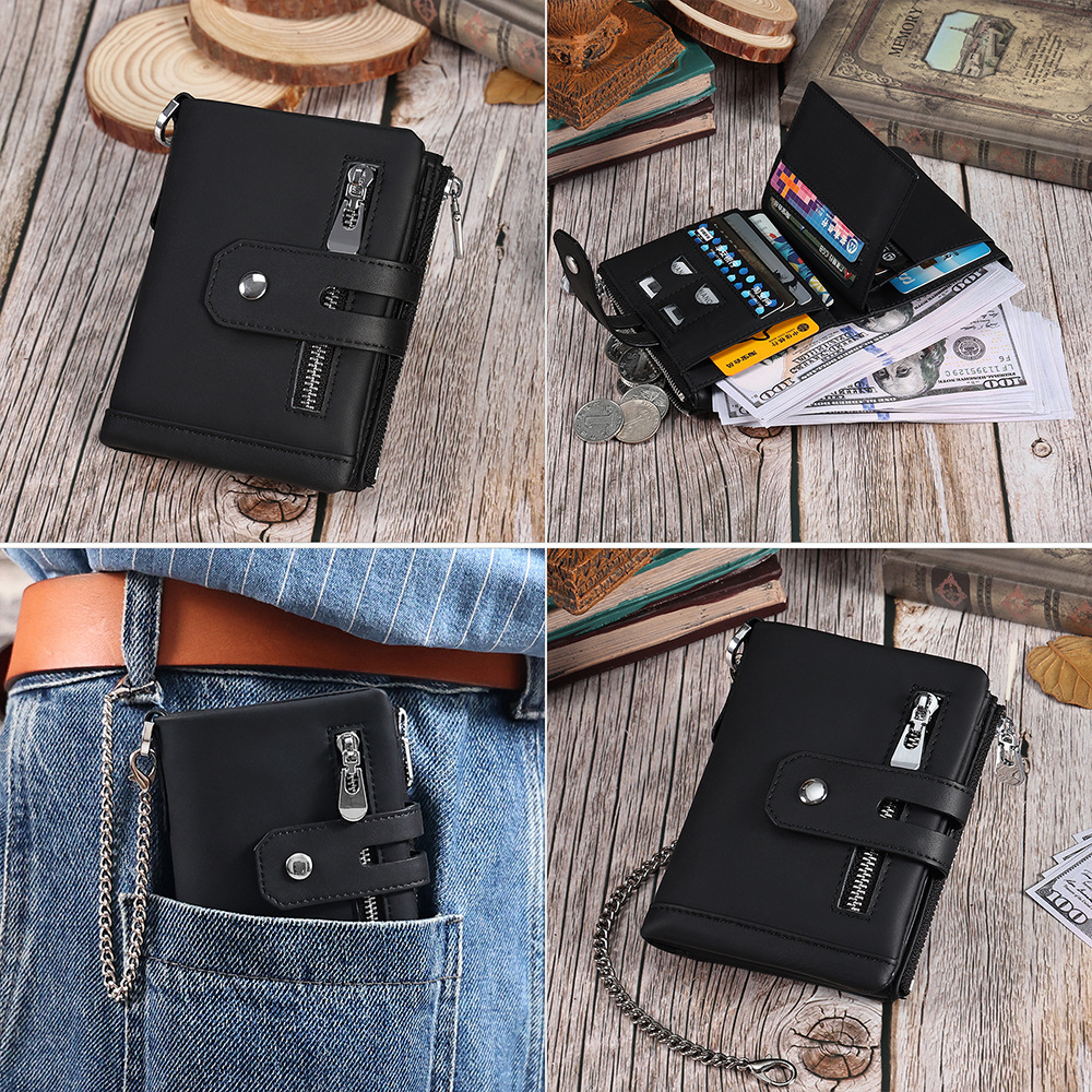 Monedero multifuncional transfronterizo para hombre con cadena, múltiples ranuras para tarjetas, tarjetero retro de gran capacidad, billetera vertical de cuero genuino
