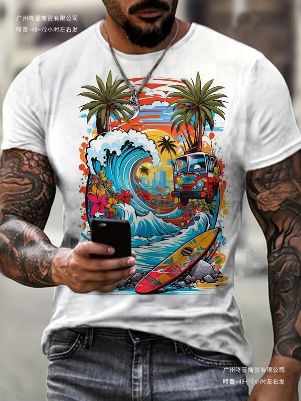 Men's Hippie Surf Pop Art Style Fashion T-Shirt with Vibrant Beach Scene Print, Casual Round Neck Short Sleeves